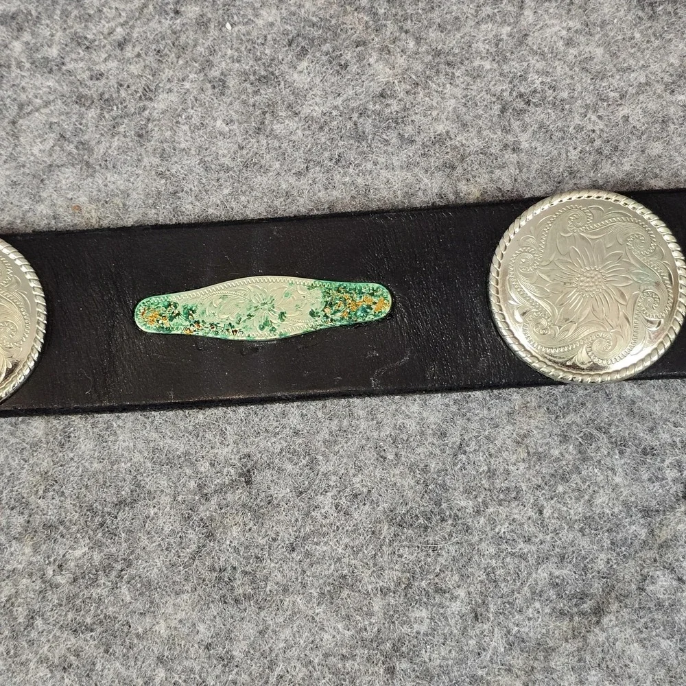 VTG Jacobs Leather Western Belt Teens Small Black Concho Rose Buckle USA